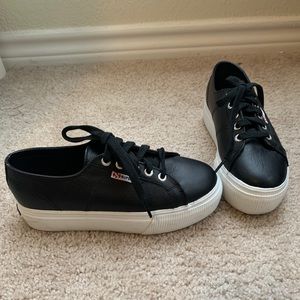 Superga black leather platform sneakers